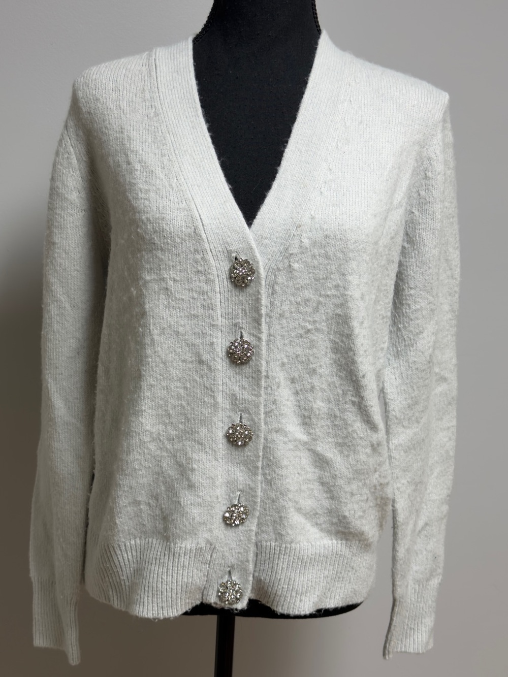 Ann Taylor Ivory Knit Cardigan Sweater Crystal Rhinestone Button V-Neck Large